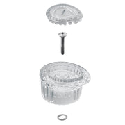Moen faucet handle replacement kit with clear plastic cap, knob, screw, washer, and metal ring components.