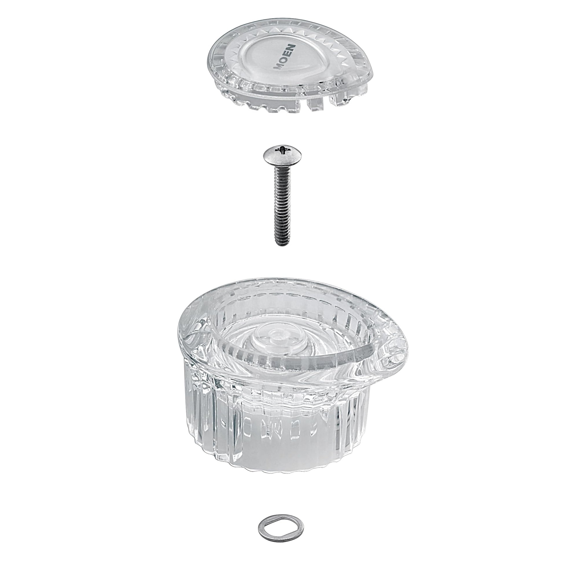 Moen faucet handle replacement kit with clear plastic cap, knob, screw, washer, and metal ring components.