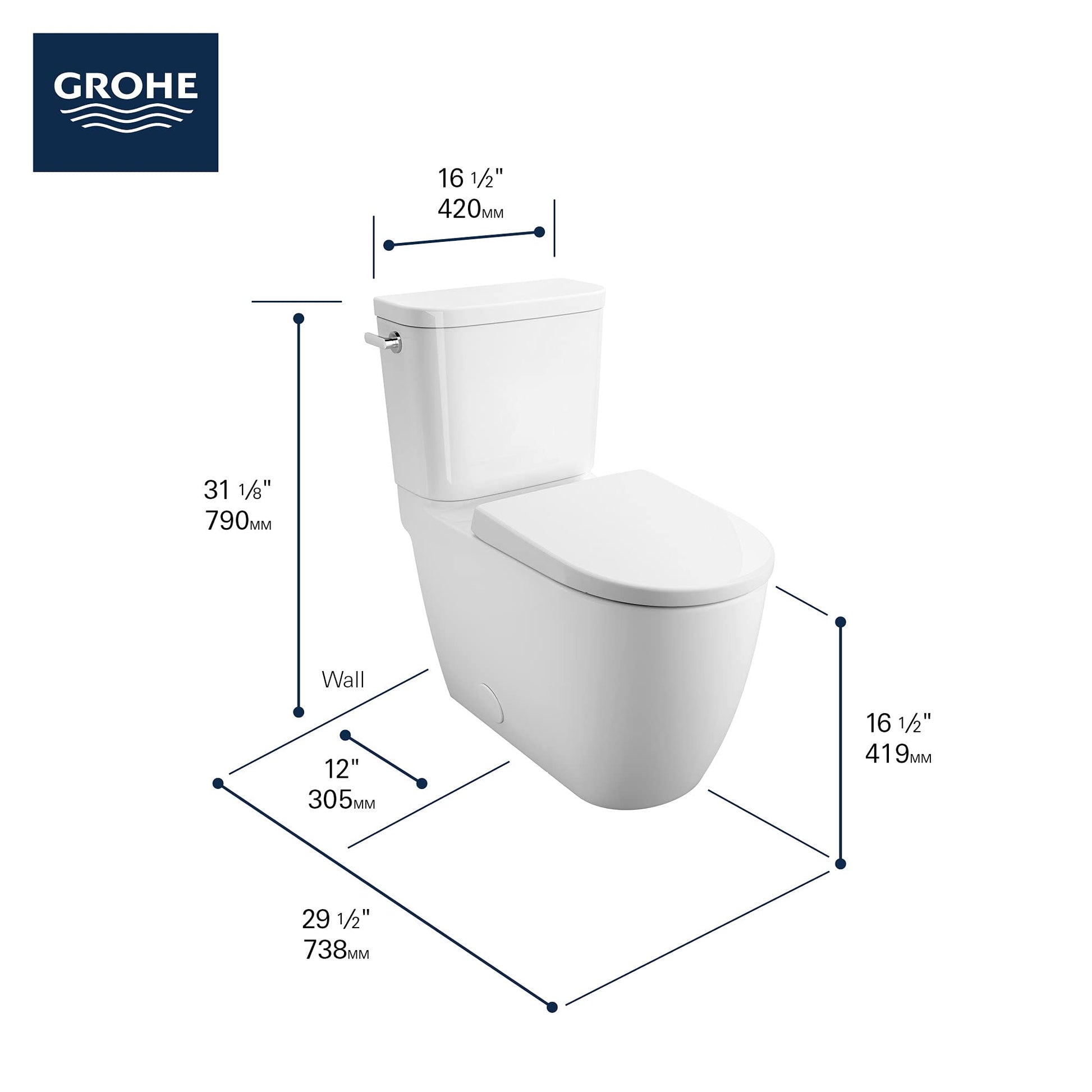 White two-piece elongated toilet with closed seat and tank, shown with dimension measurements.