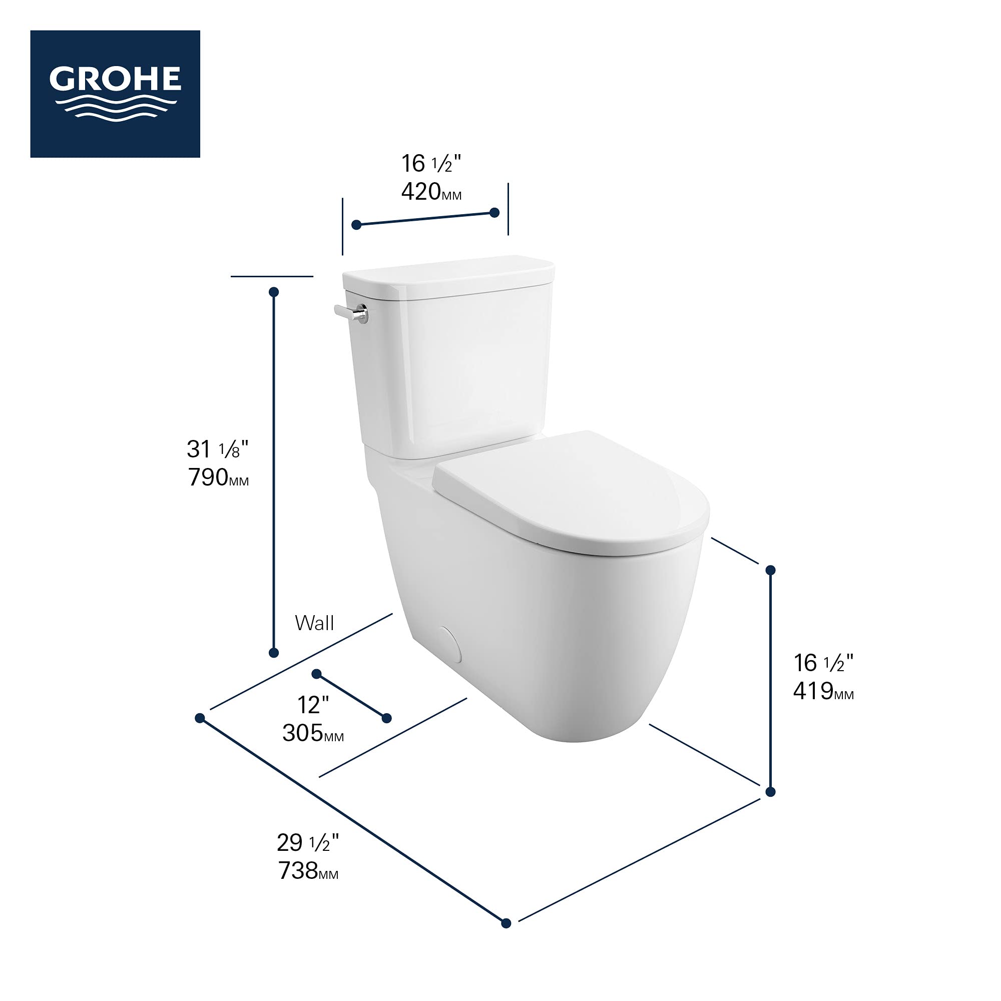 White two-piece elongated toilet with closed seat and tank, shown with dimension measurements.