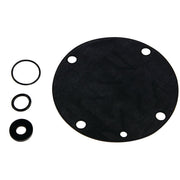 Black rubber diaphragm and three rubber seals for relief valve repair kit.