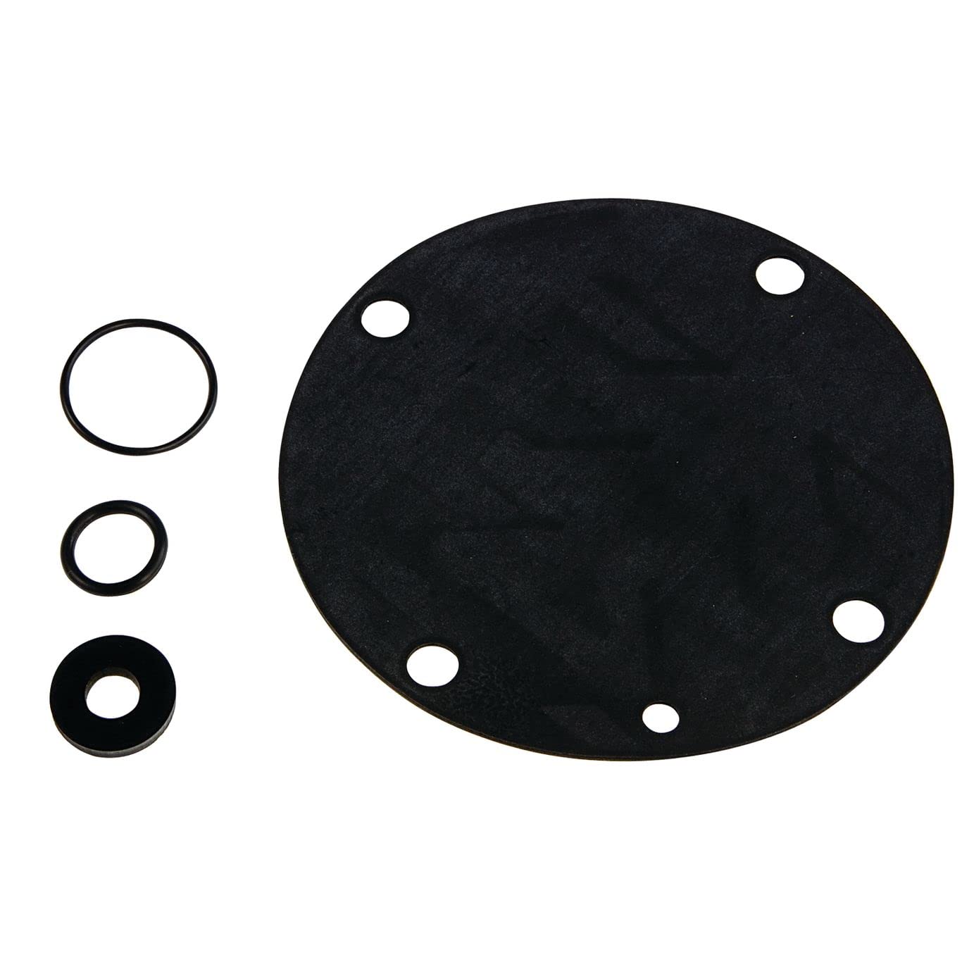 Black rubber diaphragm and three rubber seals for relief valve repair kit.