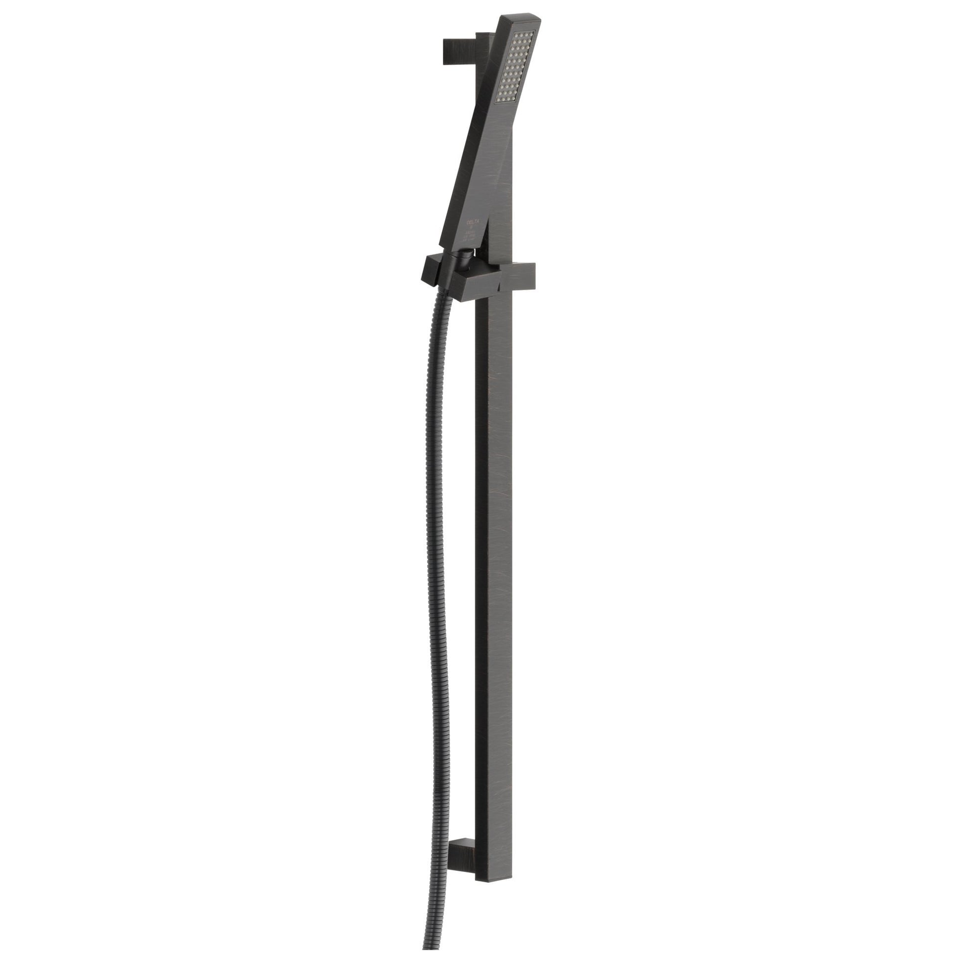 Black square slide bar hand shower with perforated showerhead, adjustable bracket, and flexible hose attachment.