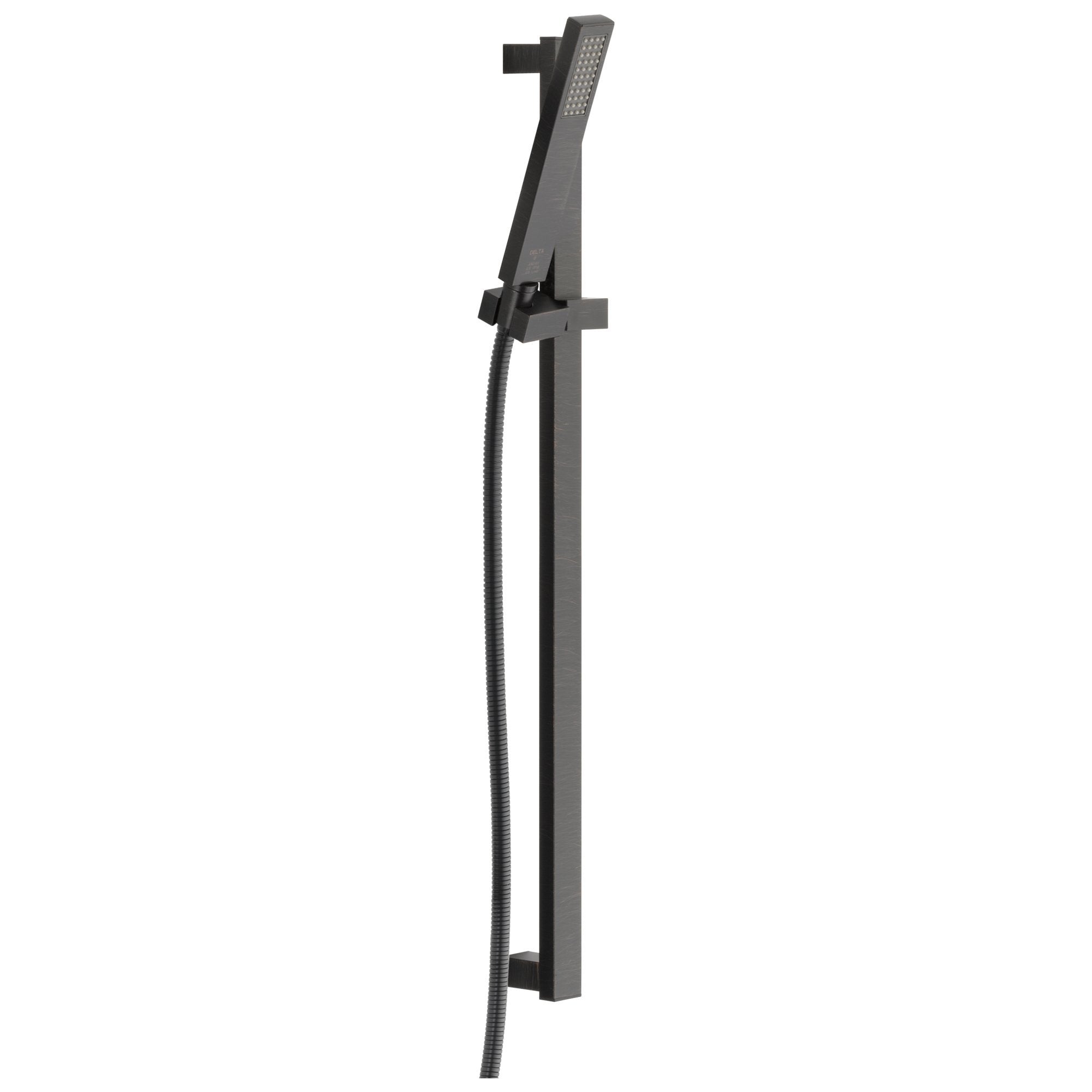 Black square slide bar hand shower with perforated showerhead, adjustable bracket, and flexible hose attachment.