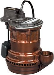 Cast iron submersible sump pump with black motor housing, black cord, and discharge outlet.