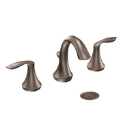 Oil rubbed bronze widespread bathroom faucet with two handles, high arc spout, and matching escutcheon plate.