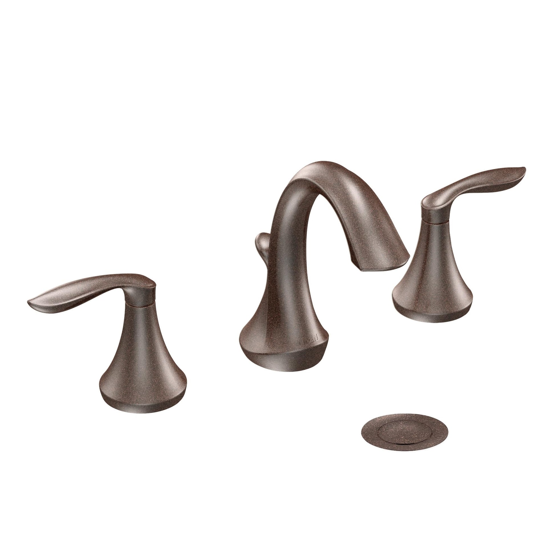 Oil rubbed bronze widespread bathroom faucet with two handles, high arc spout, and matching escutcheon plate.