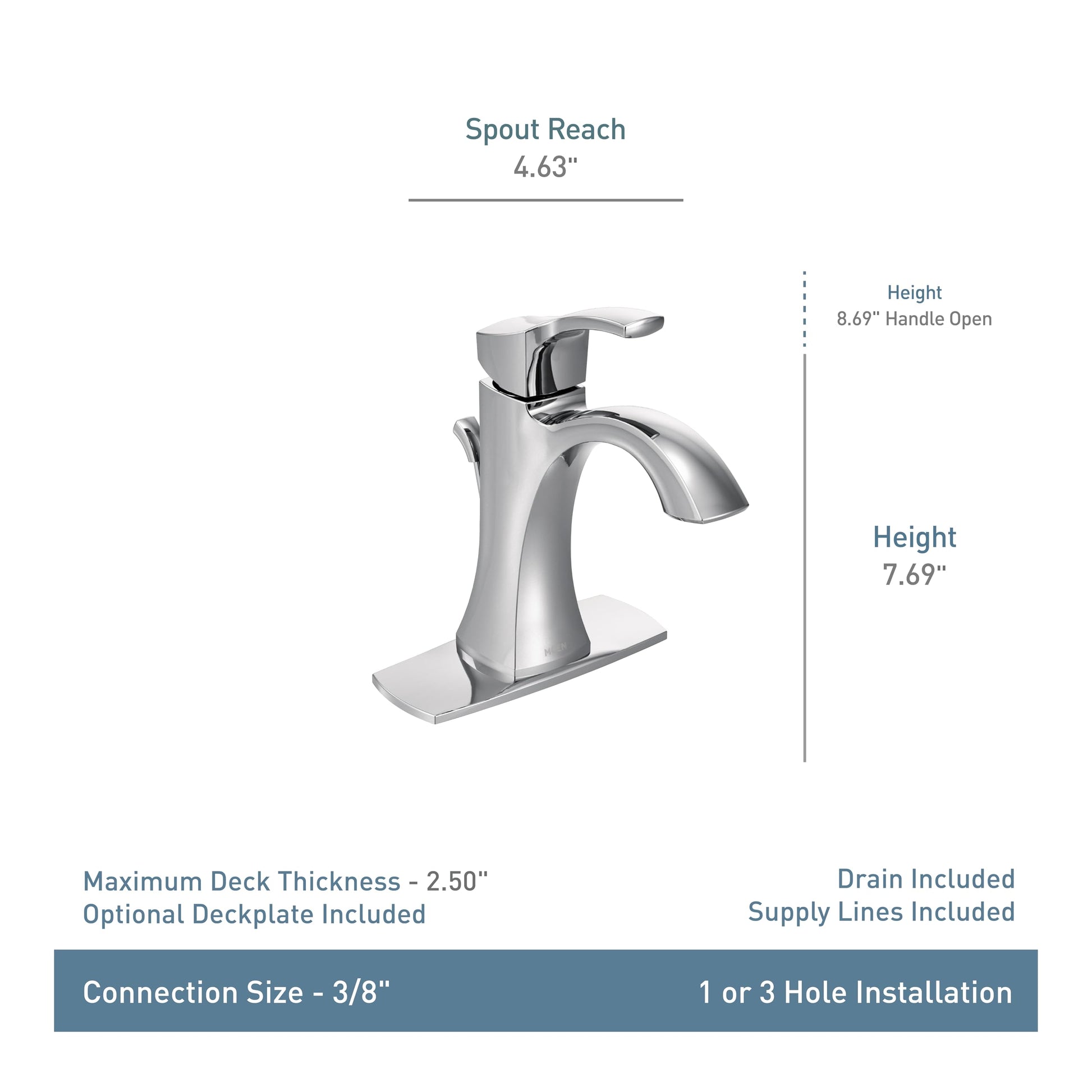 Moen Voss single-handle high-arc bathroom faucet in brushed chrome with curved spout and rectangular base.