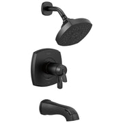 Matte black thermostatic tub and shower valve with showerhead, curved arm, and spout.