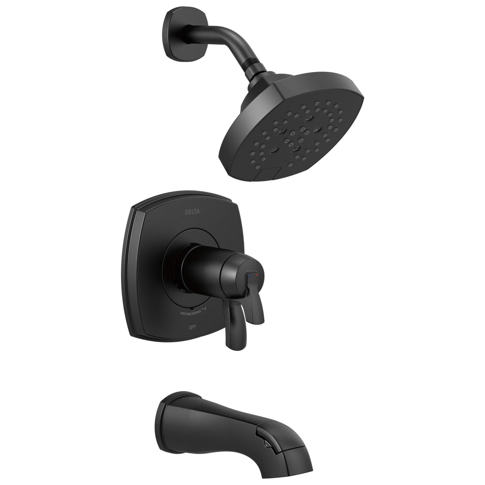 Matte black thermostatic tub and shower valve with showerhead, curved arm, and spout.