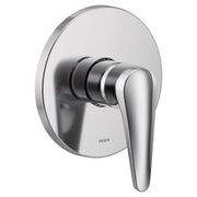 Chrome shower valve trim with circular escutcheon plate and single lever handle.