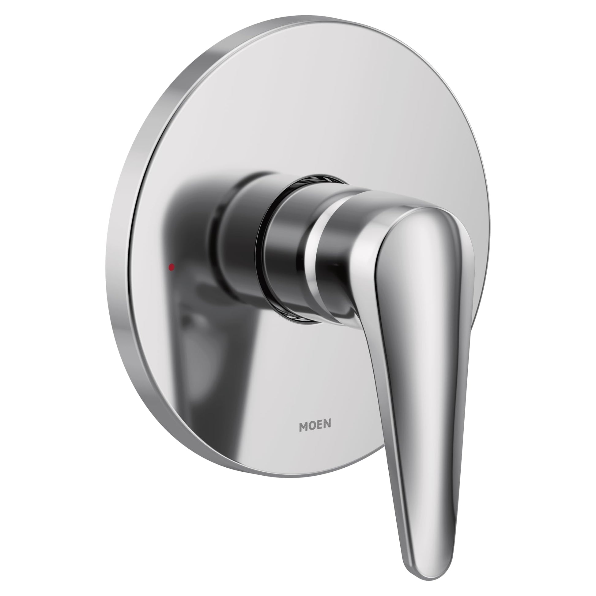 Chrome shower valve trim with circular escutcheon plate and single lever handle.