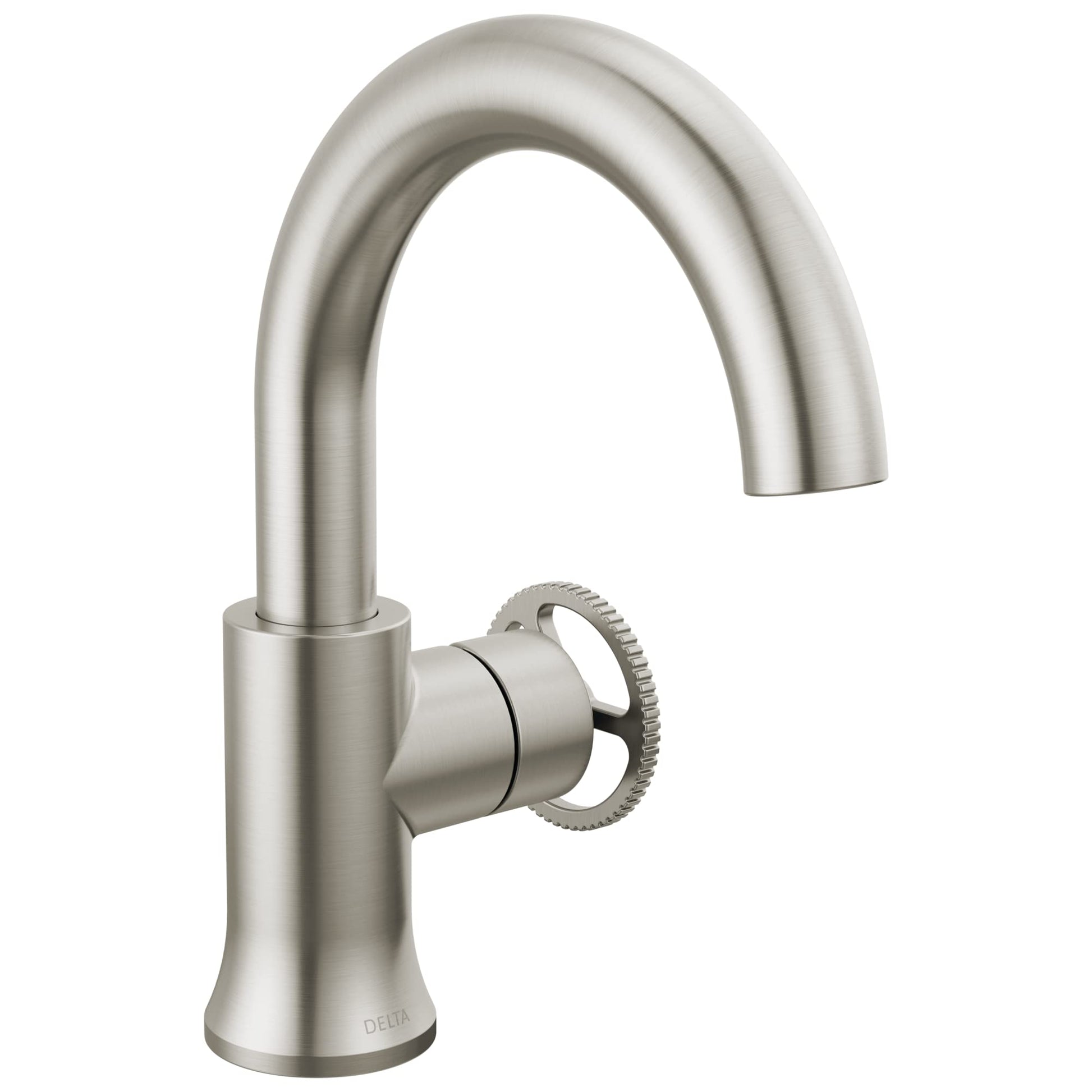 Brushed nickel single-handle bathroom faucet with high arc spout and textured wheel handle.