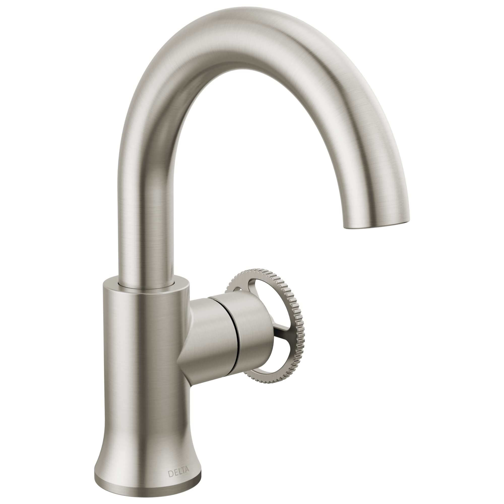 Brushed nickel single-handle bathroom faucet with high arc spout and textured wheel handle.