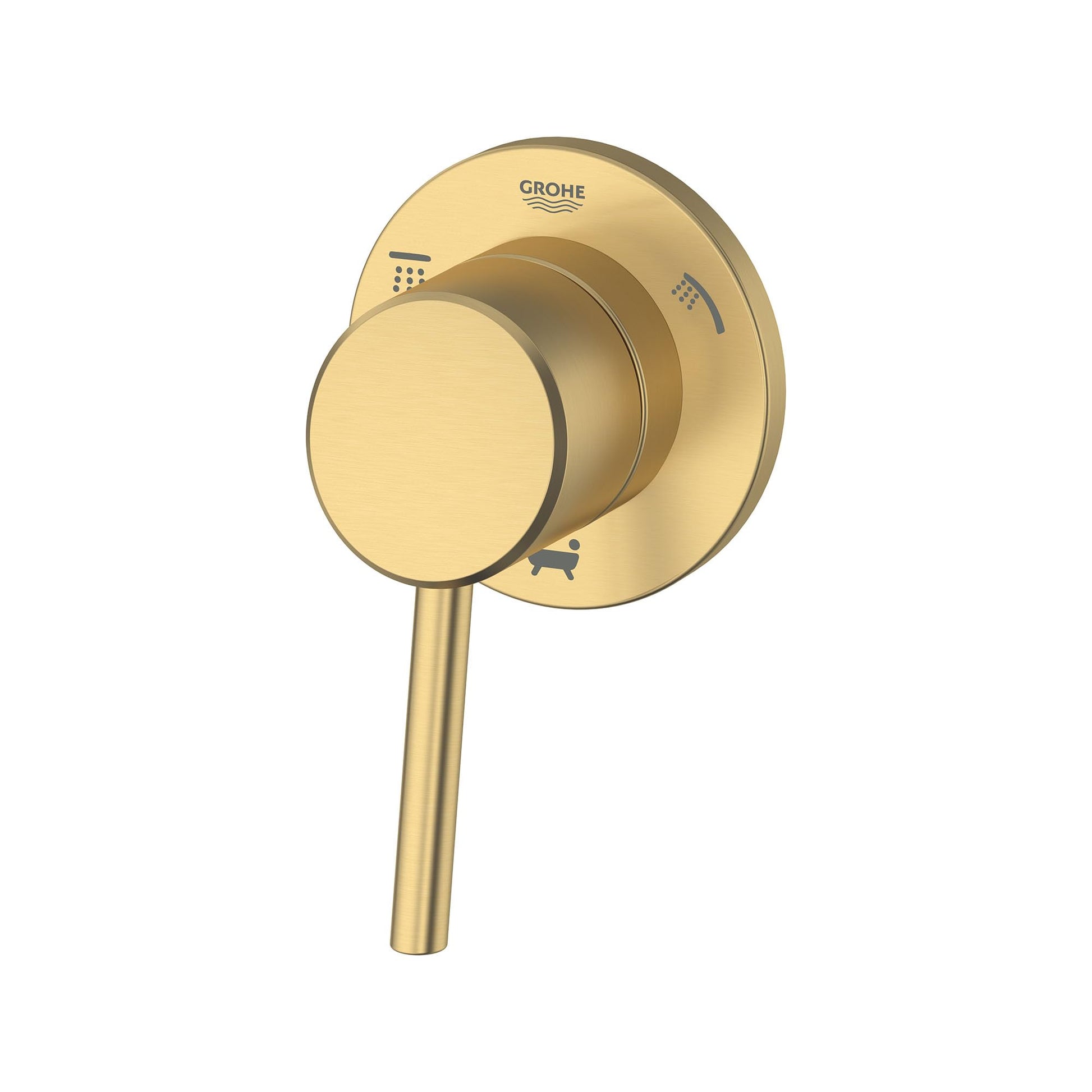 Grohe Concetto 3-way diverter trim with round lever handle in brushed gold finish.
