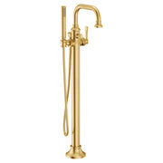 Brushed gold freestanding tub filler with single handle, curved spout, and detachable handshower on hose.