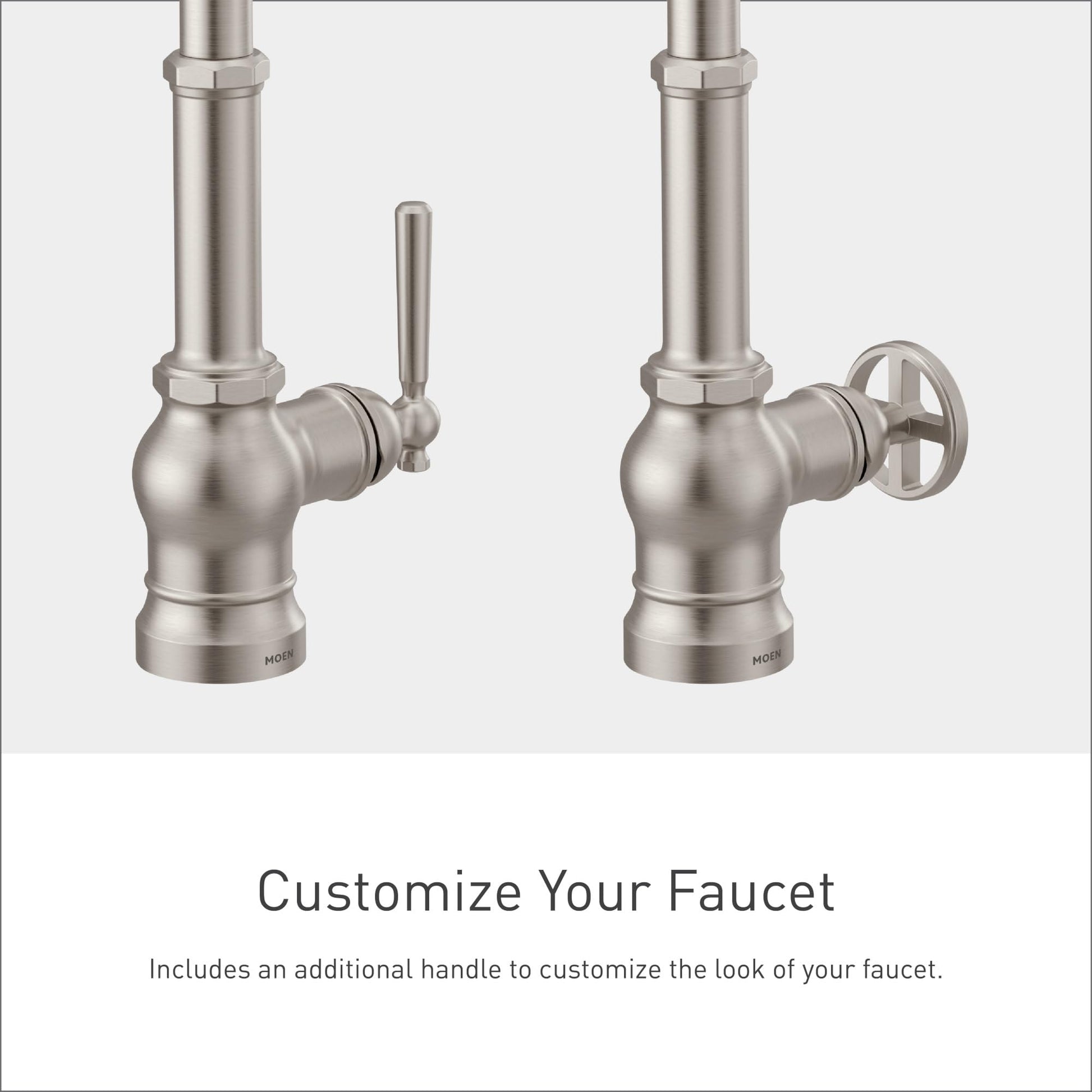 Moen Paterson pulldown bar faucet in stainless steel shown with two interchangeable handle options.