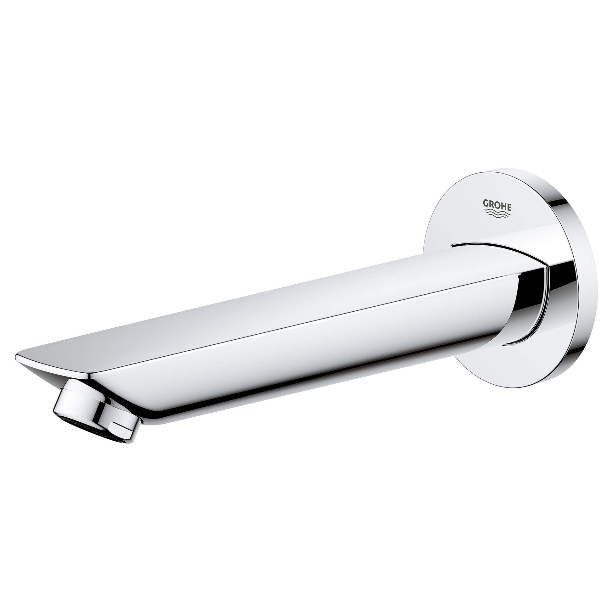 Grohe Bauloop chrome tub spout with cylindrical body, flat rectangular outlet, and circular wall flange.