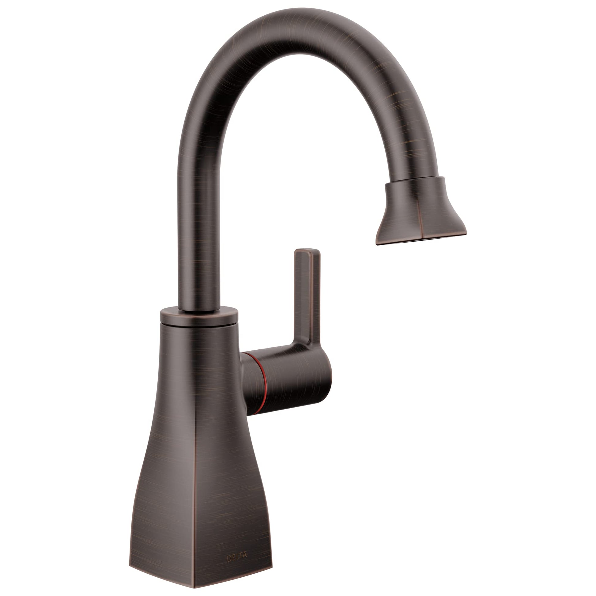 Black matte instant hot water dispenser with curved gooseneck spout and single lever handle.