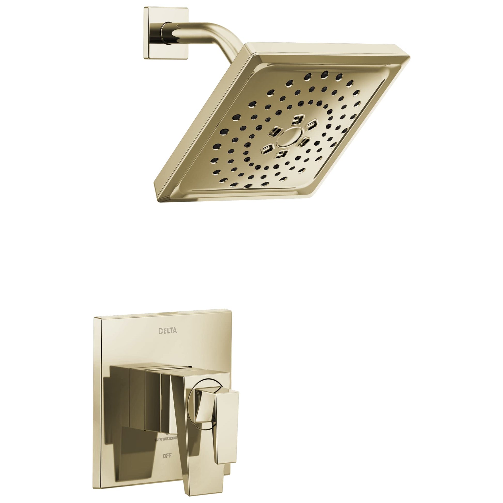 Champagne brass square shower head with perforations and matching wall-mounted trim valve with lever handle.