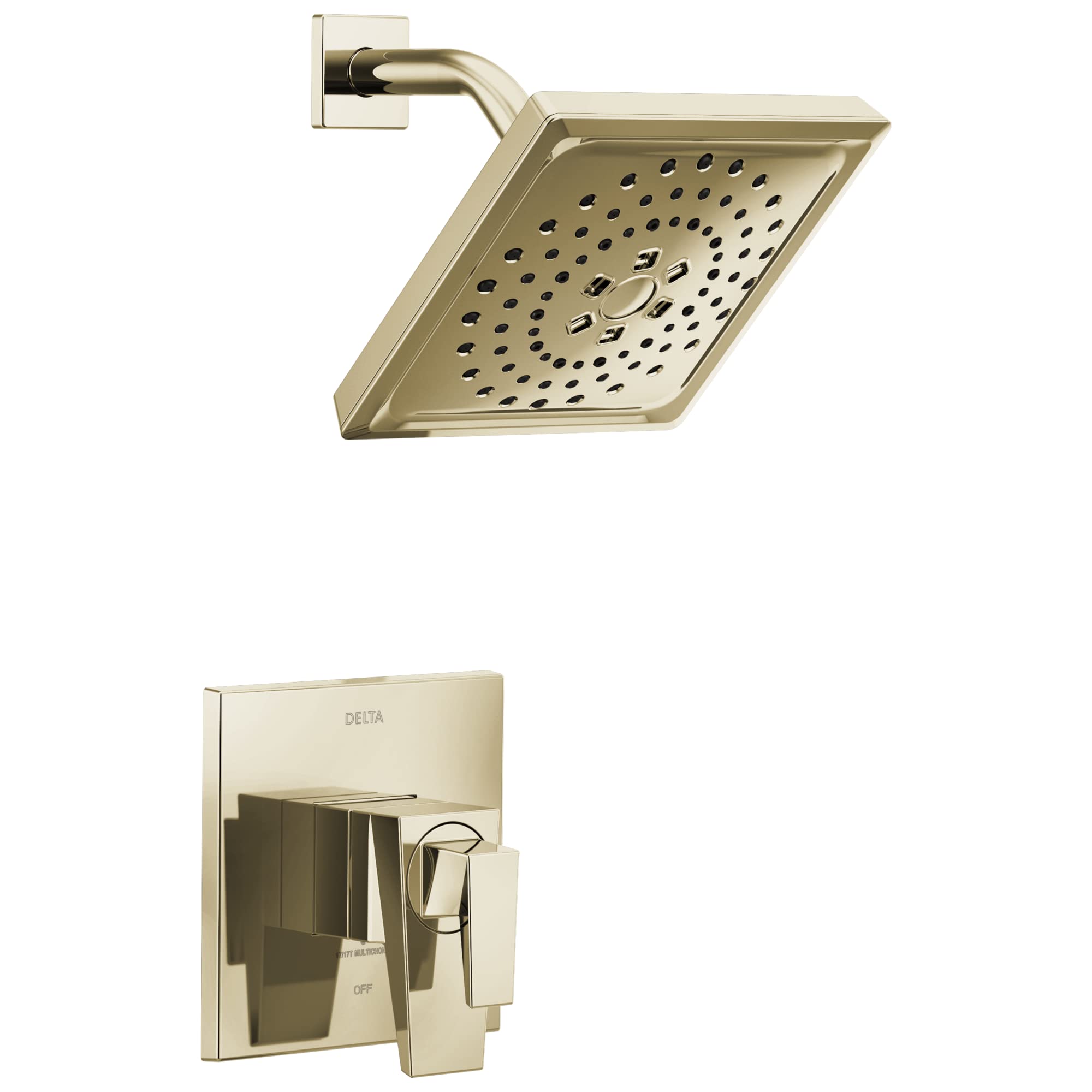 Champagne brass square shower head with perforations and matching wall-mounted trim valve with lever handle.