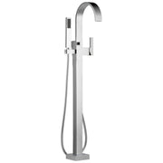 Chrome freestanding tub filler with curved spout, single handle, and detachable handheld showerhead.