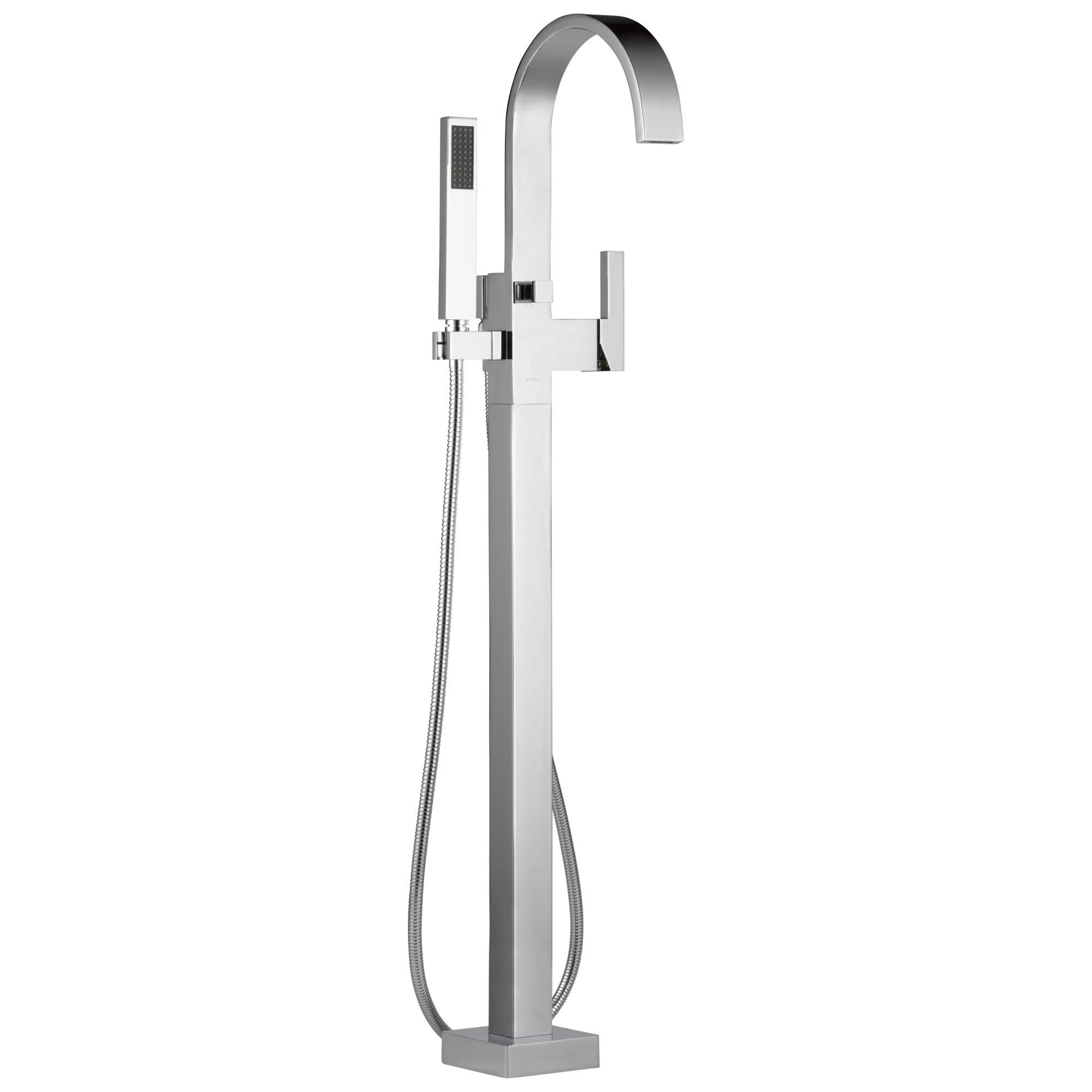 Chrome freestanding tub filler with curved spout, single handle, and detachable handheld showerhead.