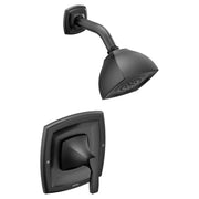 Matte black shower trim kit with curved showerhead on angled arm and matching valve trim plate with control handle.