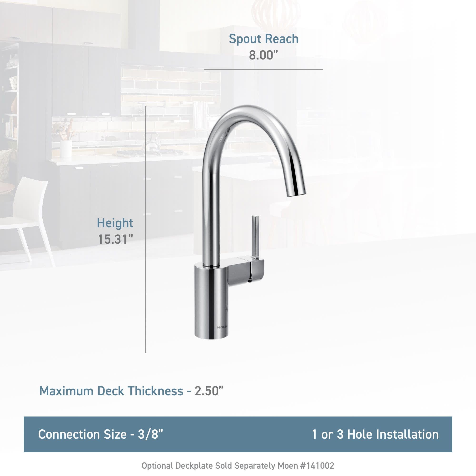 Chrome single-handle high arc kitchen faucet with curved spout and side lever handle, 15.31" height.