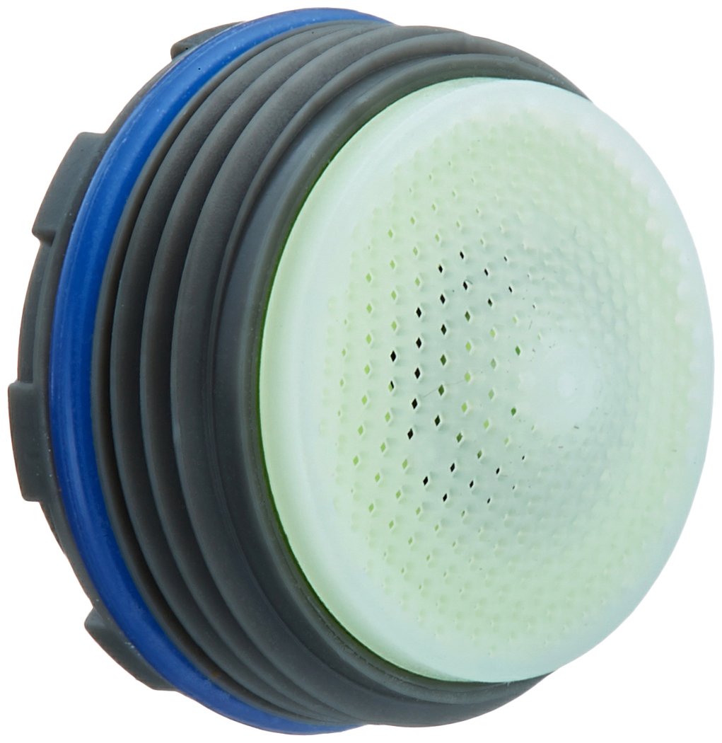 Round Delta faucet aerator with light green perforated face, gray and blue threaded rings, and small mounting tab on side.