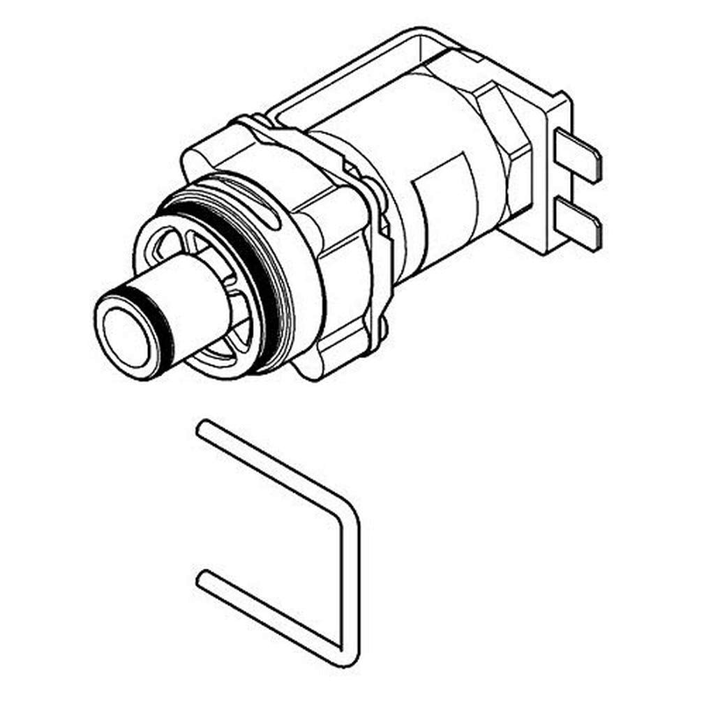 Grohe solenoid valve with cylindrical body, threaded ports, electrical connector terminals, and two mounting brackets shown i