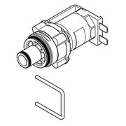 Grohe solenoid valve with cylindrical body, threaded ports, electrical connector terminals, and two mounting brackets shown i