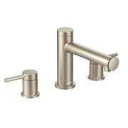 Brushed nickel two-handle deck mount roman tub faucet trim with cylindrical spout and lever handles.