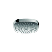 Chrome round shower head with multiple spray jets arranged in concentric circles and black accent trim.