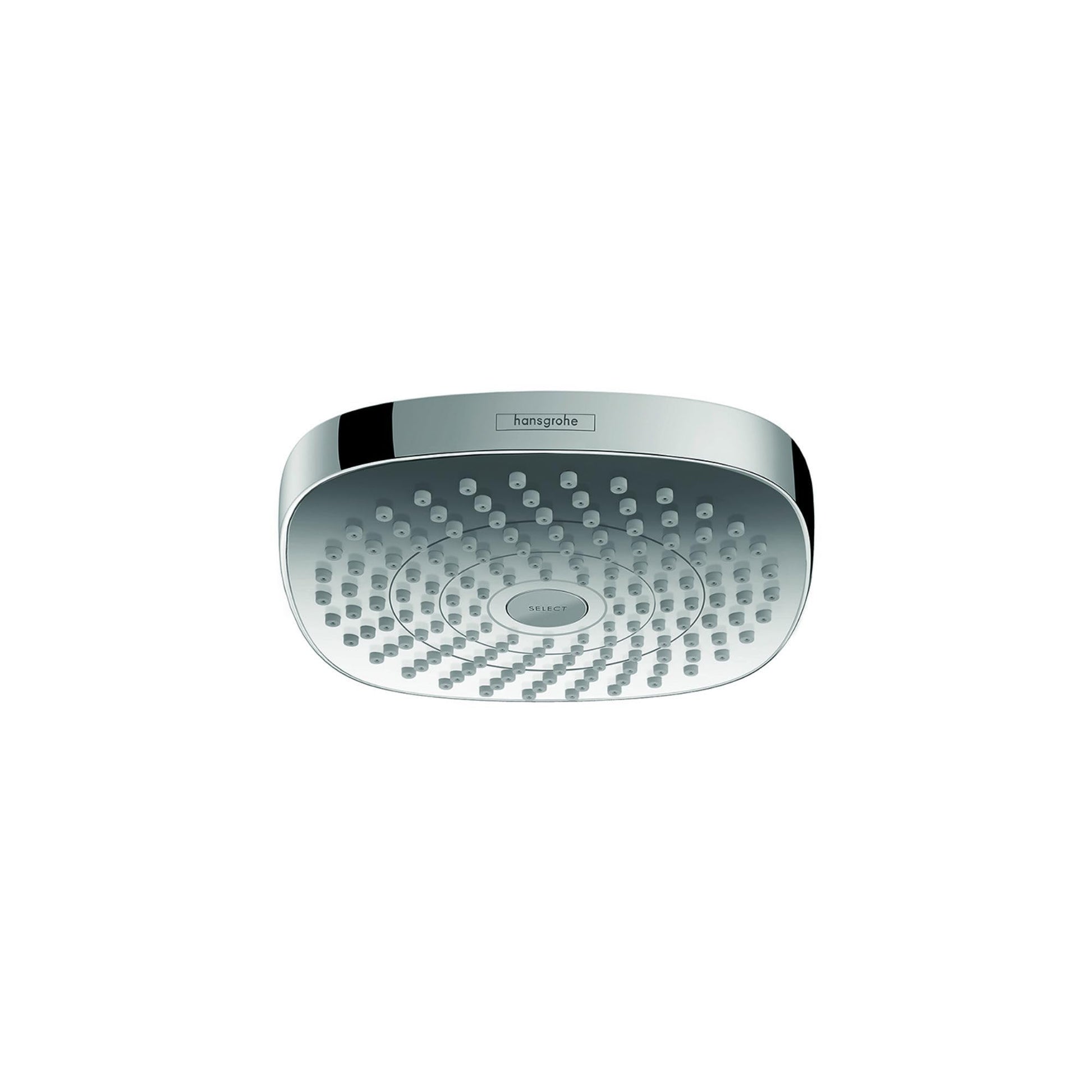 Chrome round shower head with multiple spray jets arranged in concentric circles and black accent trim.