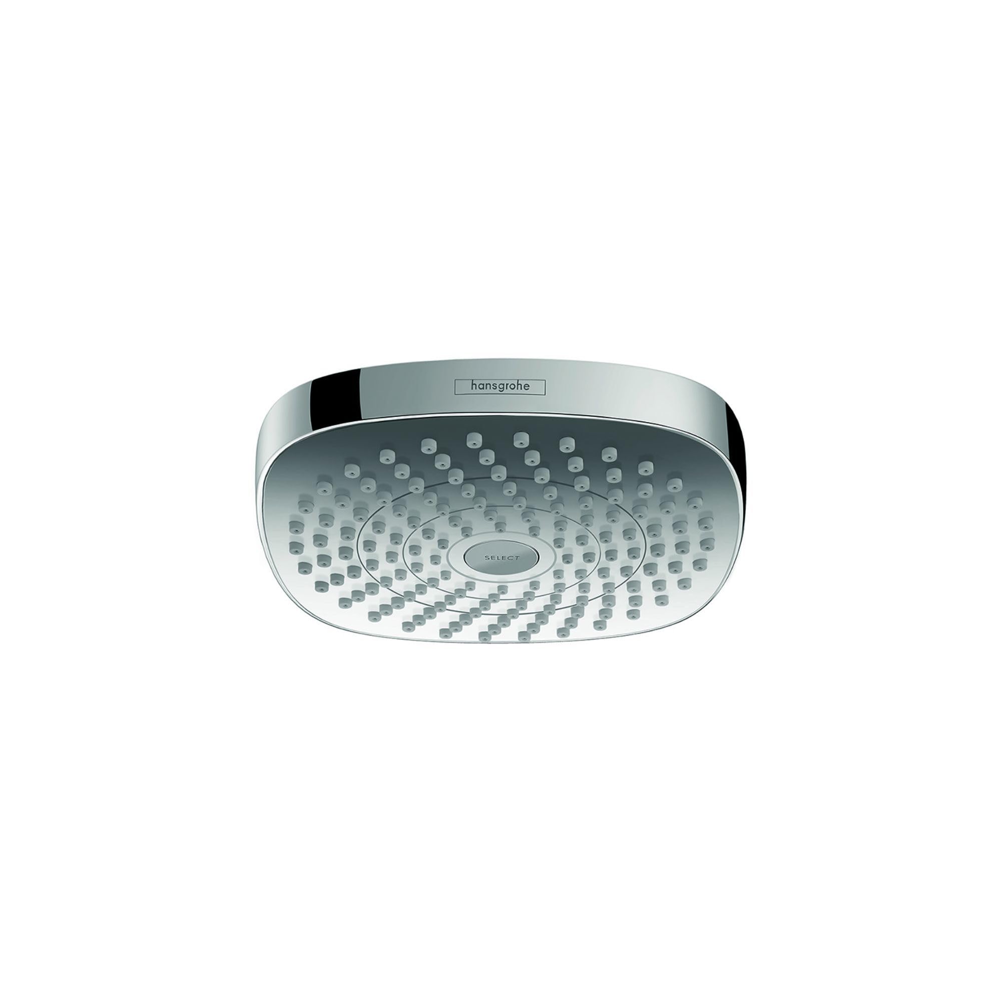 Chrome round shower head with multiple spray jets arranged in concentric circles and black accent trim.