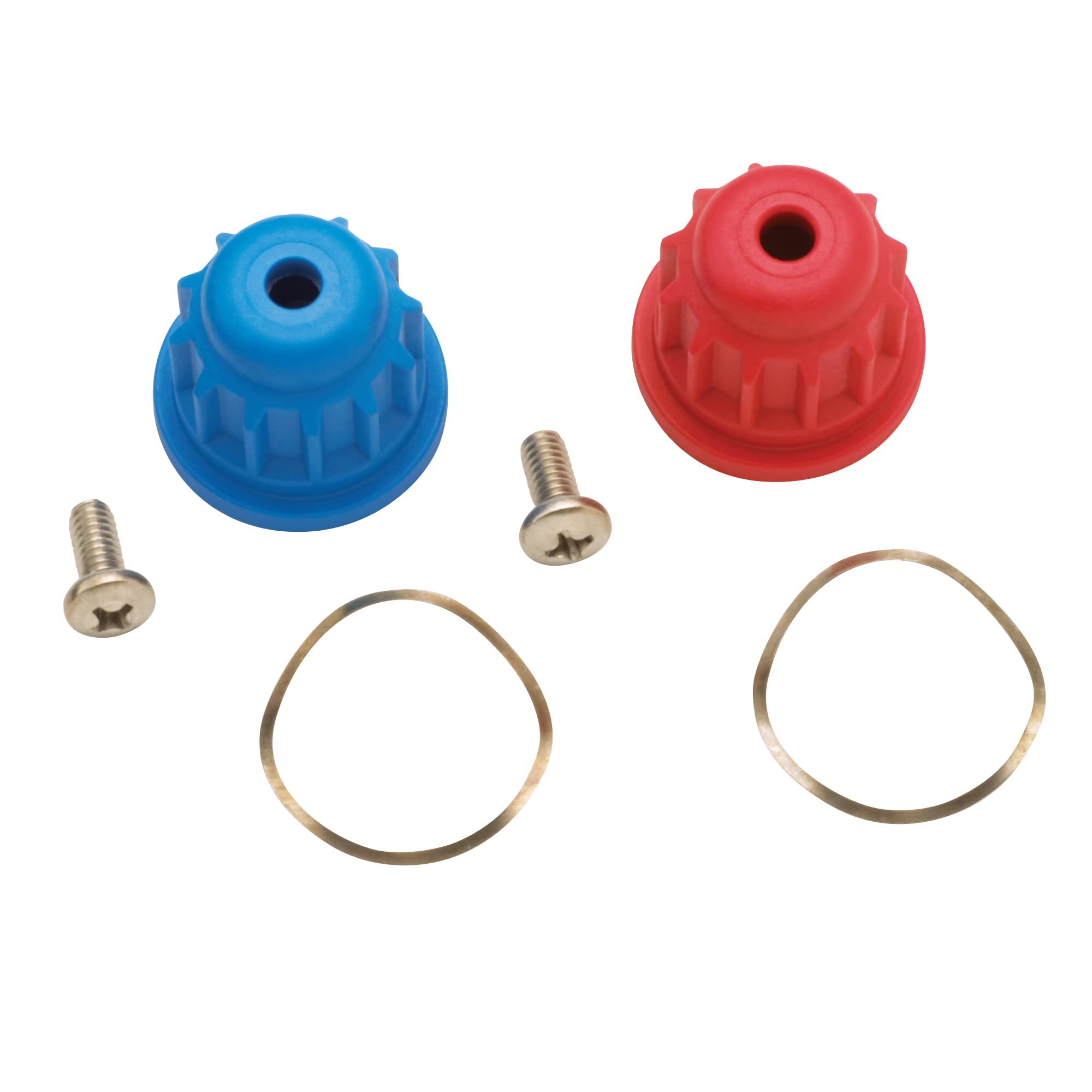 Blue and red faucet handle adapter knobs with metal screws and retaining rings.