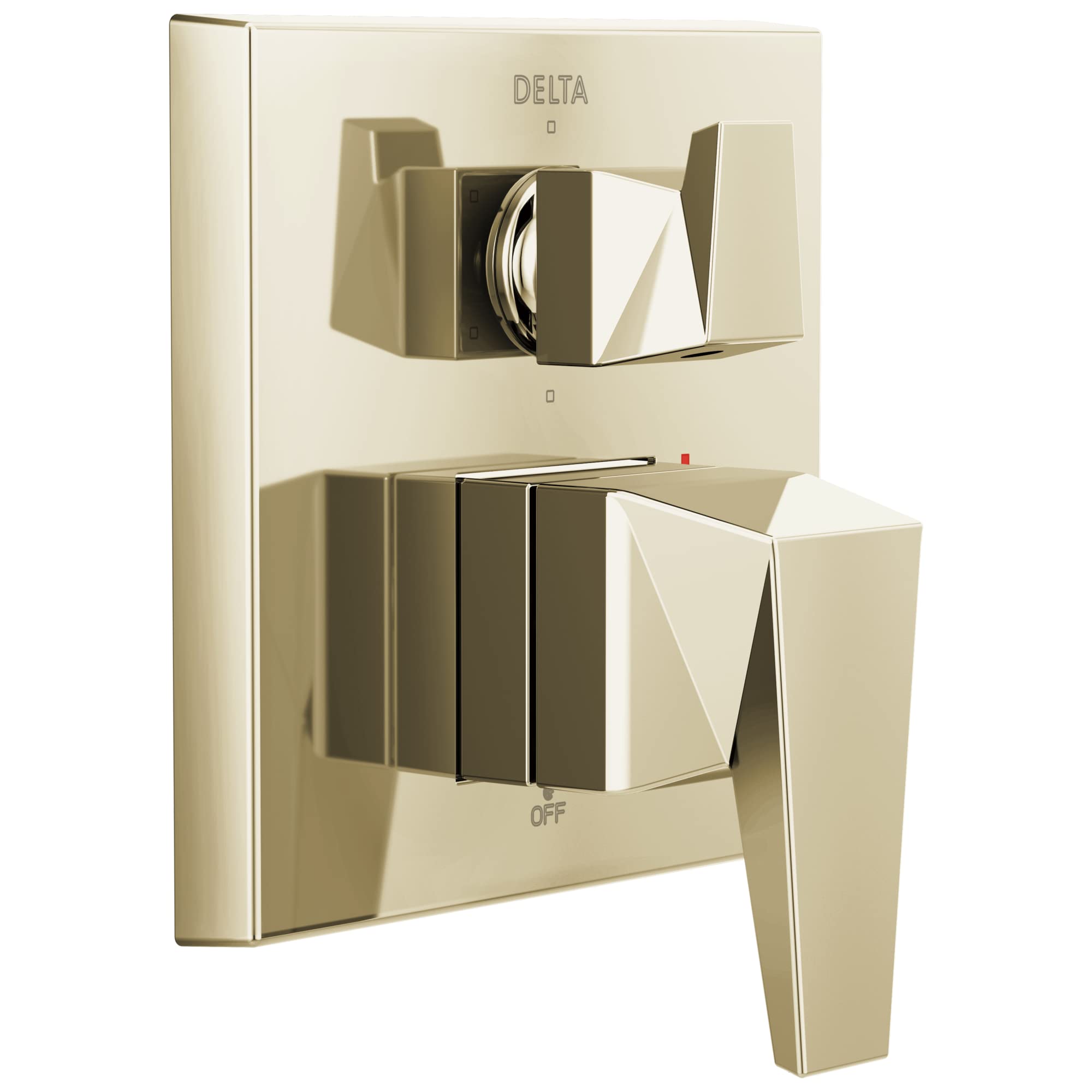 Delta Trillian two-handle monitor valve trim in champagne bronze with diverter and lever handle.