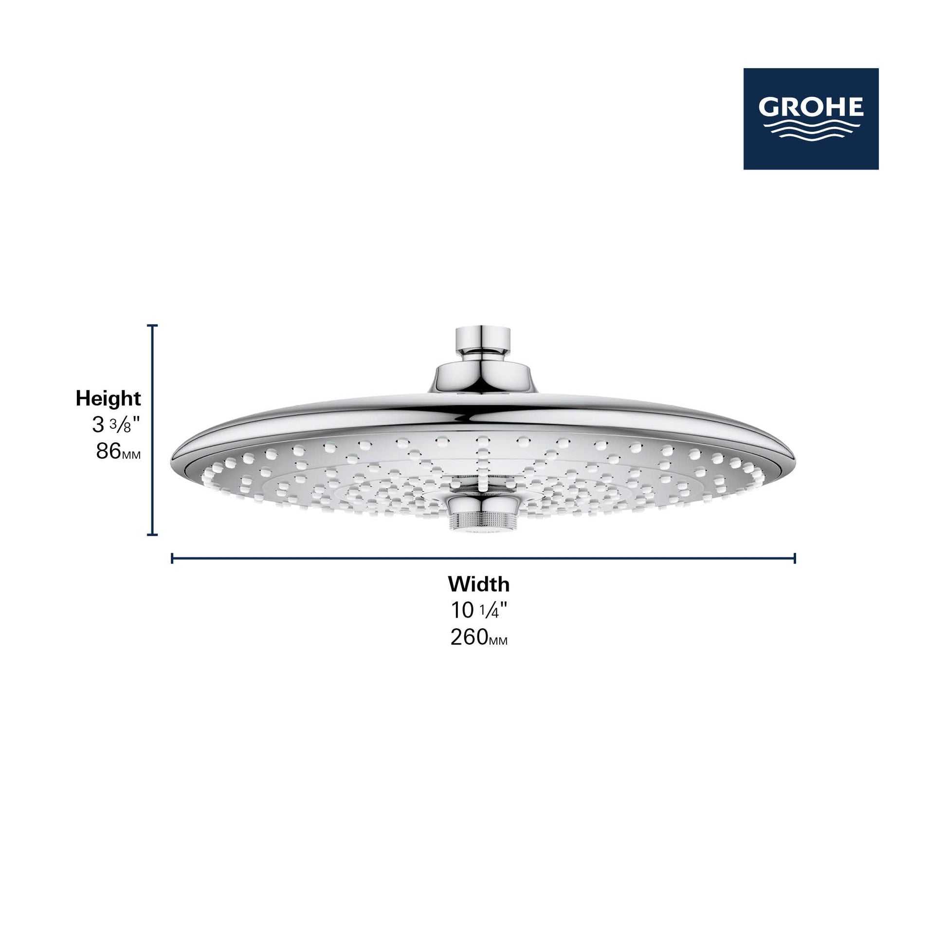 Chrome shower head with 10-inch round face, spray holes throughout, and mounting arm attached at center top.