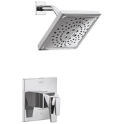 Chrome square shower head with curved arm and matching wall-mounted valve trim with handle.