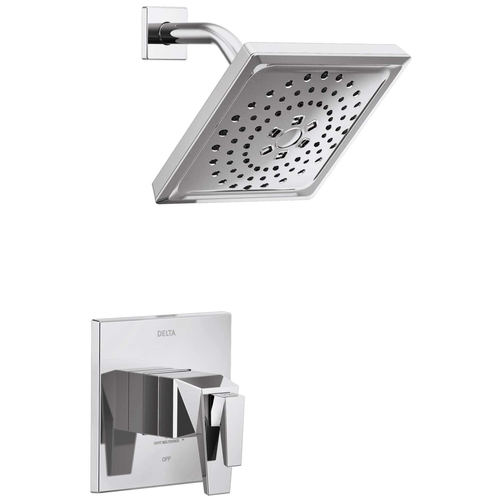 Chrome square shower head with curved arm and matching wall-mounted valve trim with handle.