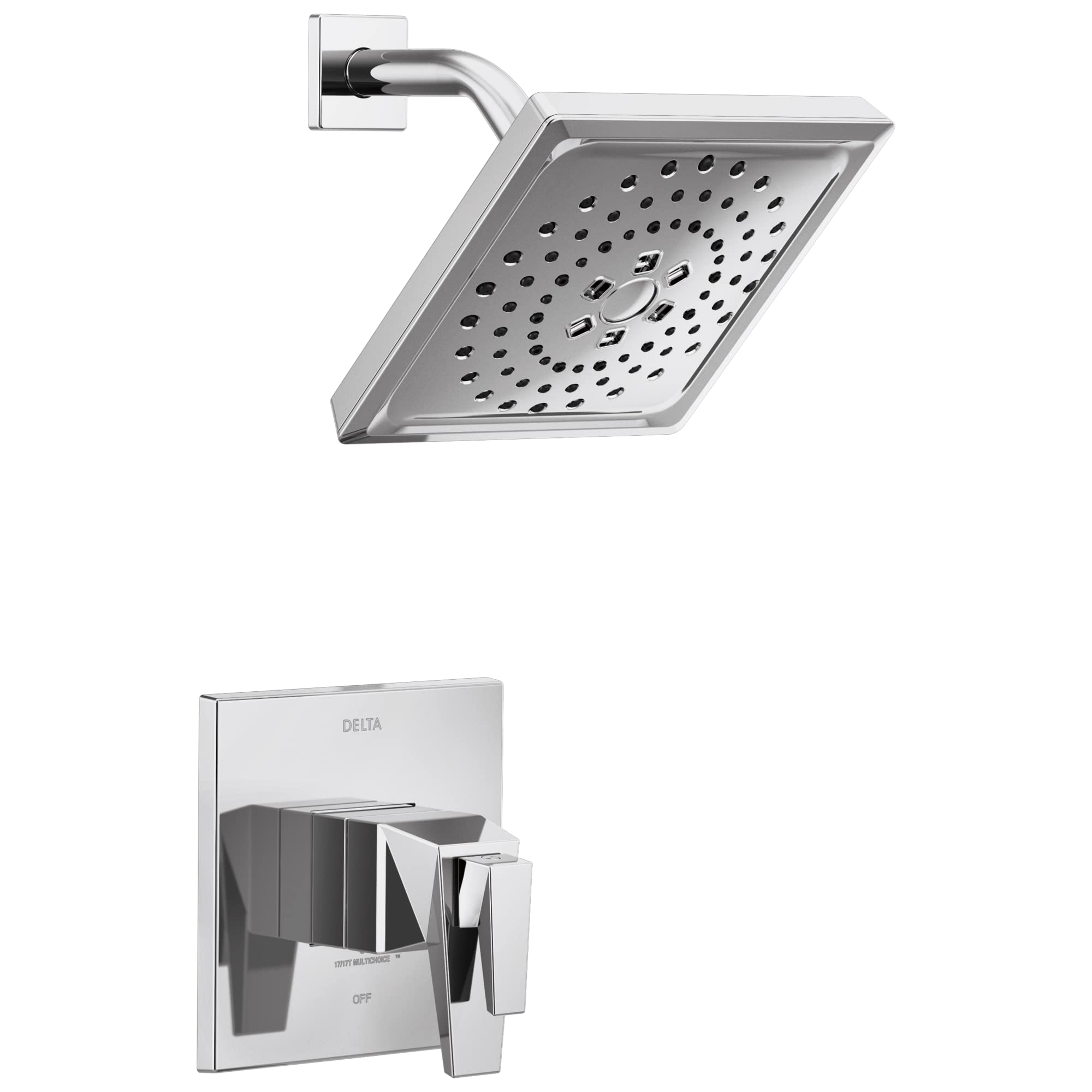 Chrome square shower head with curved arm and matching wall-mounted valve trim with handle.