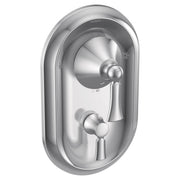 Chrome shower valve trim with oval backplate, upper lever handle, and lower diverter control.