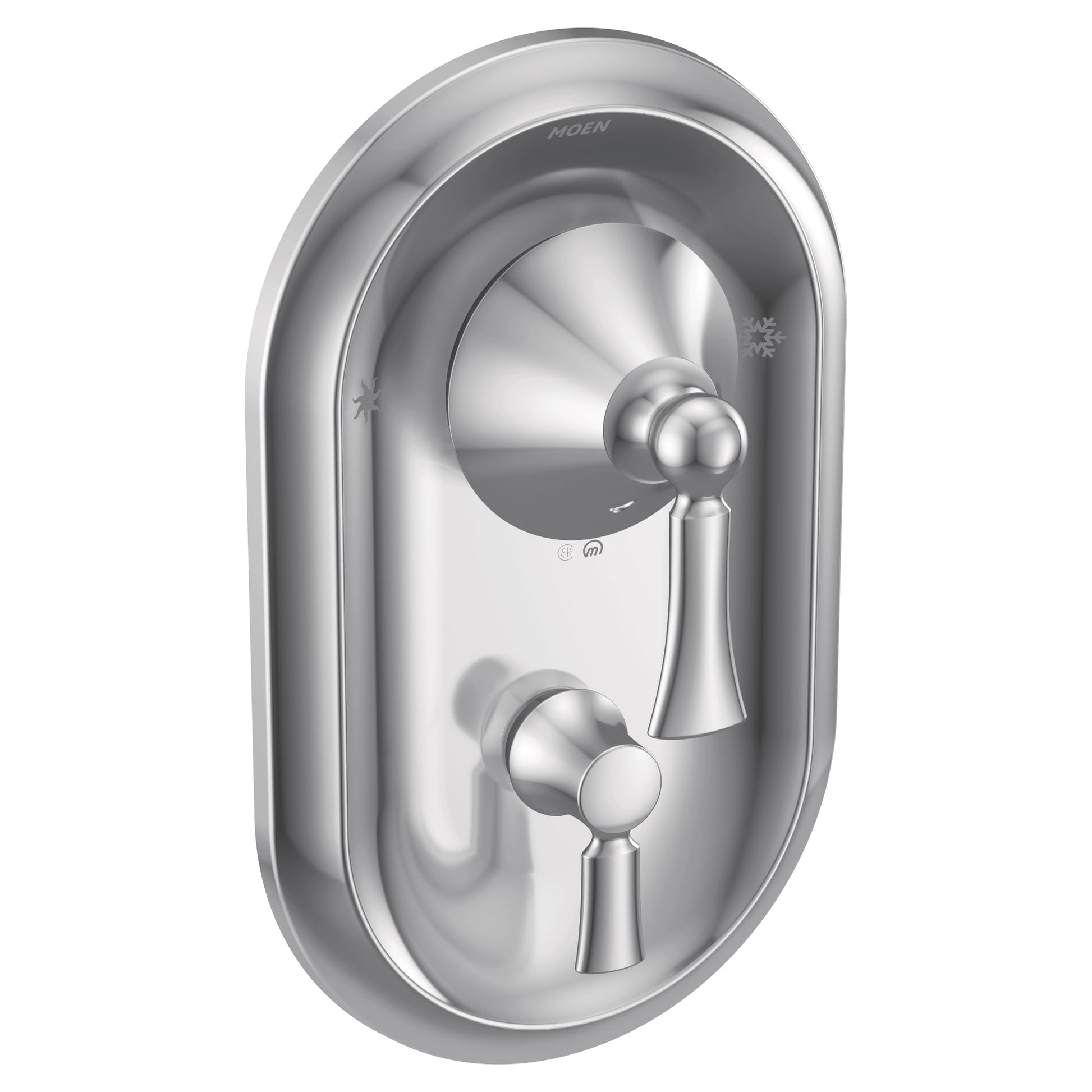Chrome shower valve trim with oval backplate, upper lever handle, and lower diverter control.
