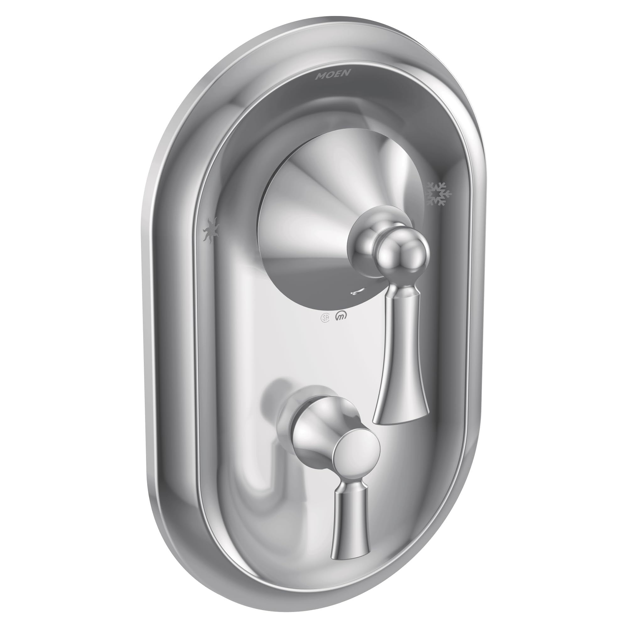 Chrome shower valve trim with oval backplate, upper lever handle, and lower diverter control.