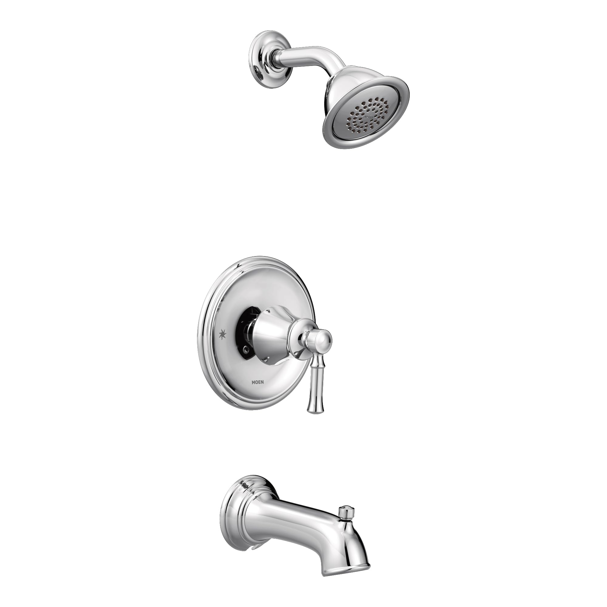 Chrome shower head with curved arm, valve trim plate with lever handle, and tub spout.