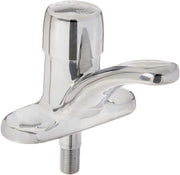 Chrome single-handle metering sink faucet with curved spout and push-button activation, mounted on threaded base.