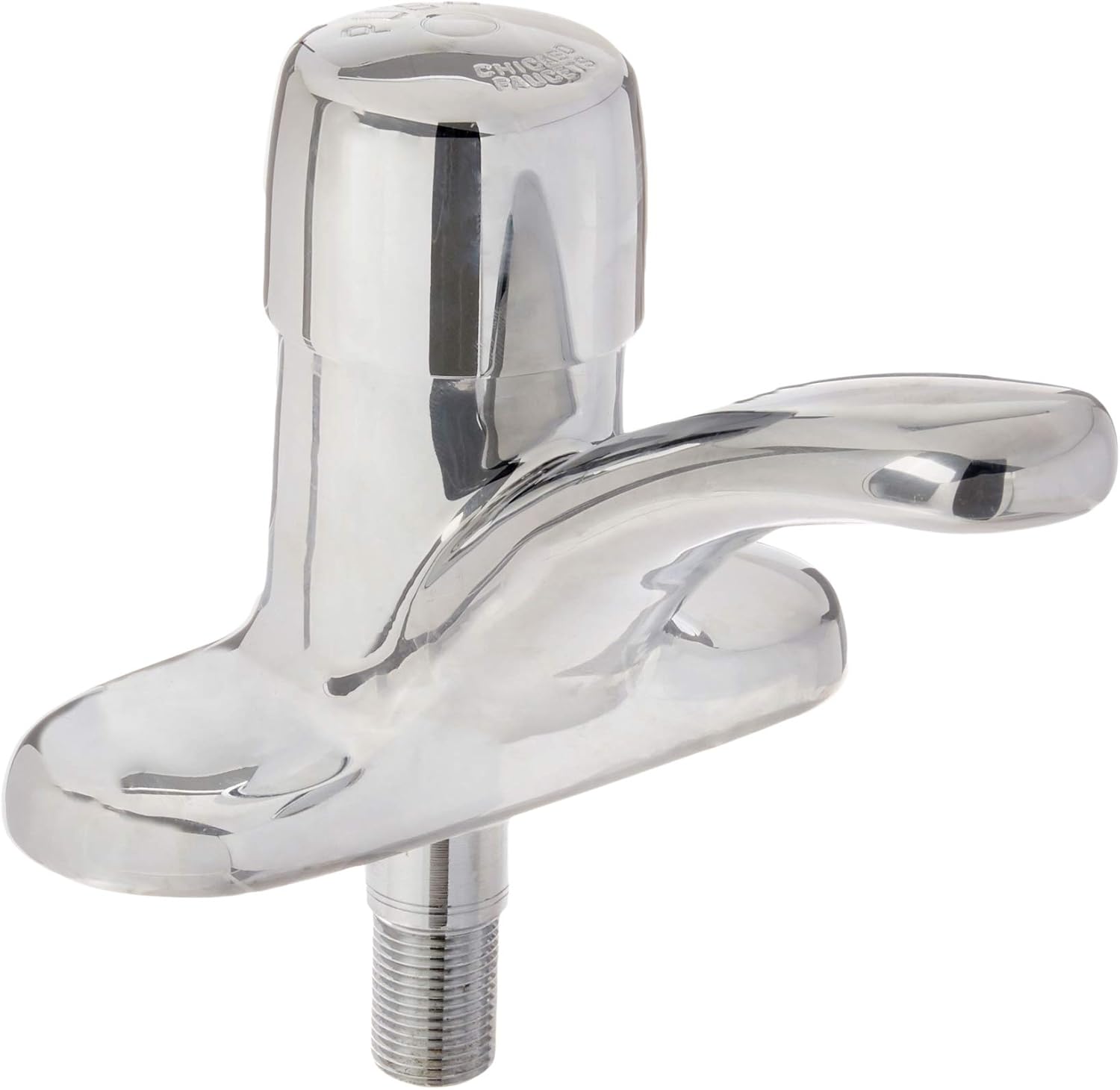 Chrome single-handle metering sink faucet with curved spout and push-button activation, mounted on threaded base.