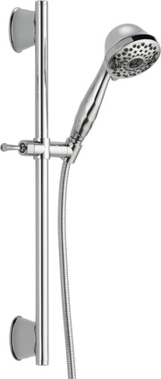 Chrome hand shower with multiple spray holes mounted on vertical slide bar with hose and two suction cup brackets.