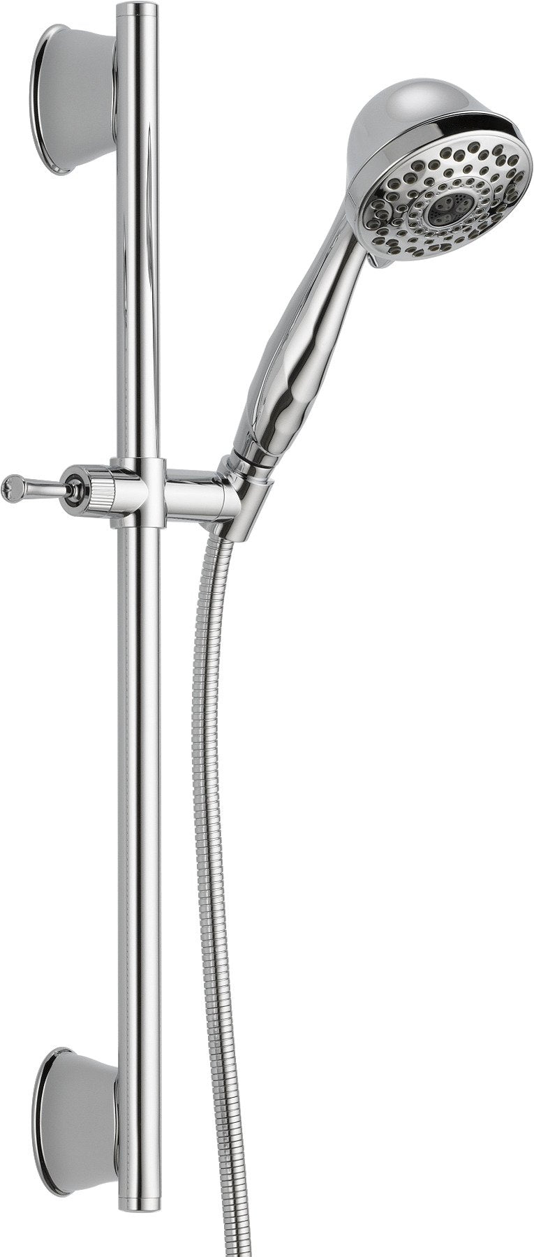 Chrome hand shower with multiple spray holes mounted on vertical slide bar with hose and two suction cup brackets.